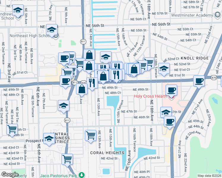 map of restaurants, bars, coffee shops, grocery stores, and more near 1500 Northeast 49th Street in Oakland Park