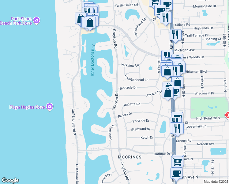 map of restaurants, bars, coffee shops, grocery stores, and more near 3477 Crayton Road in Naples