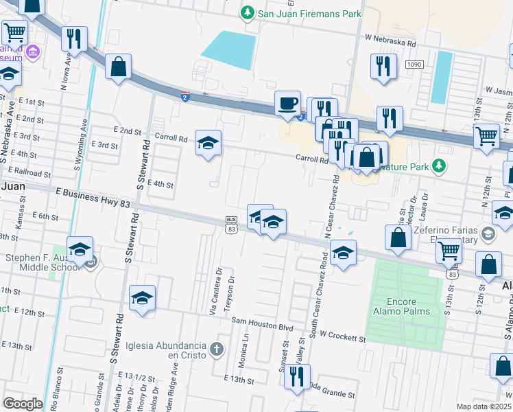 map of restaurants, bars, coffee shops, grocery stores, and more near 601 E Expy 83 in San Juan