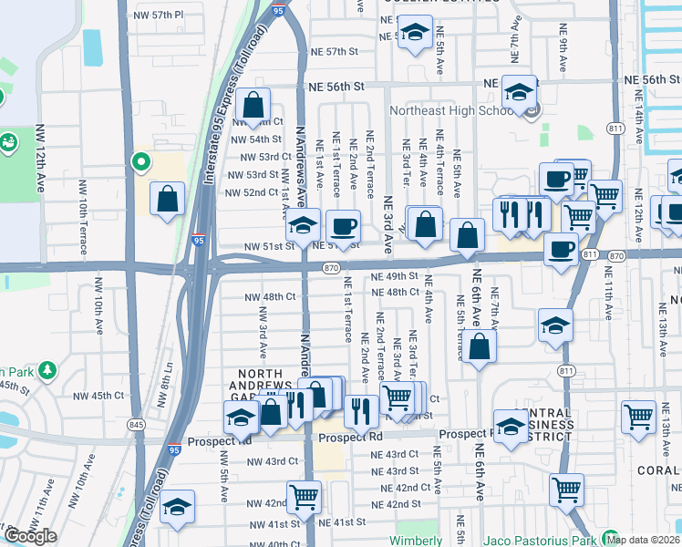 map of restaurants, bars, coffee shops, grocery stores, and more near in Oakland Park