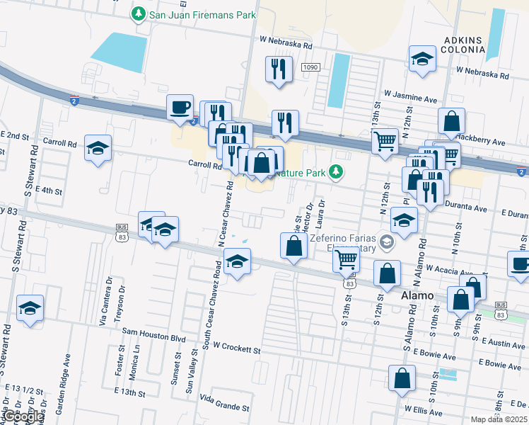 map of restaurants, bars, coffee shops, grocery stores, and more near 2 Village Lane in Alamo