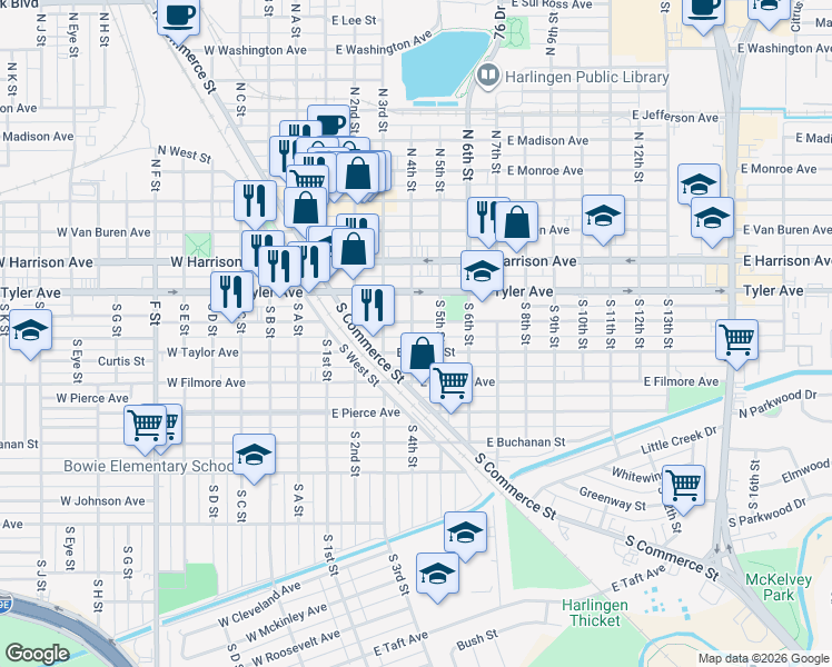 map of restaurants, bars, coffee shops, grocery stores, and more near 501 East Polk Avenue in Harlingen