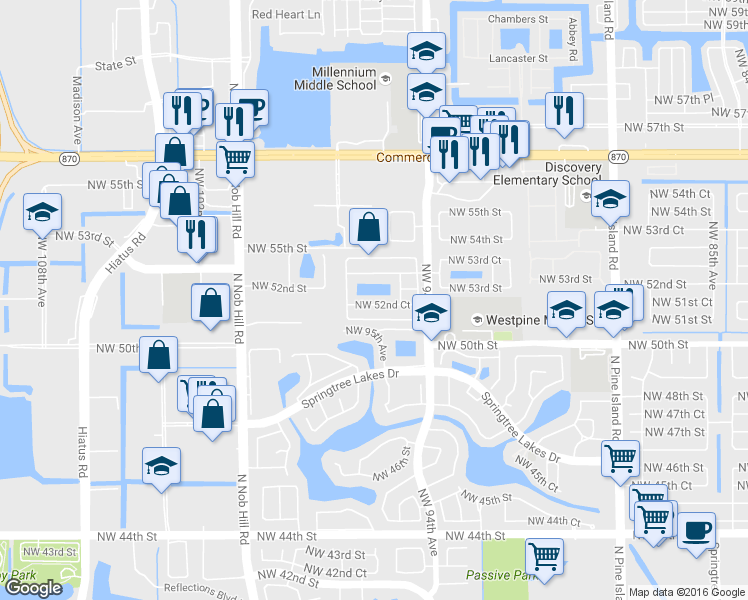 map of restaurants, bars, coffee shops, grocery stores, and more near 9543 Northwest 52nd Court in Lauderhill