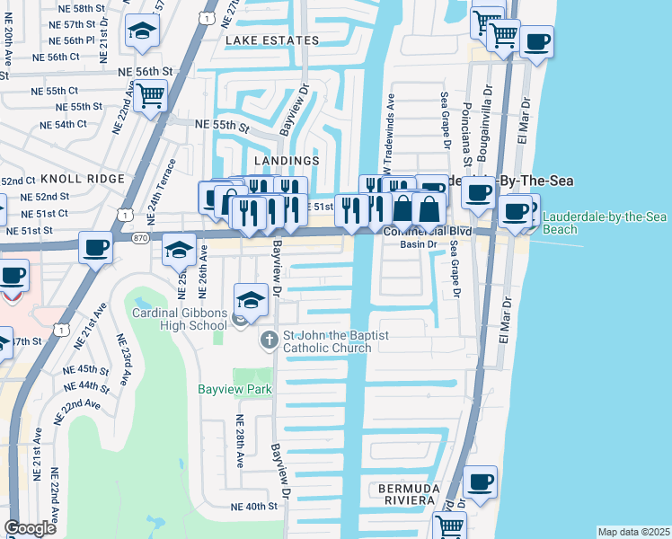 map of restaurants, bars, coffee shops, grocery stores, and more near 3080 Northeast 49th Street in Fort Lauderdale