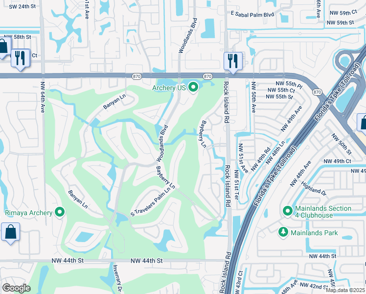 map of restaurants, bars, coffee shops, grocery stores, and more near 5105 North Travelers Palm Lane in Tamarac