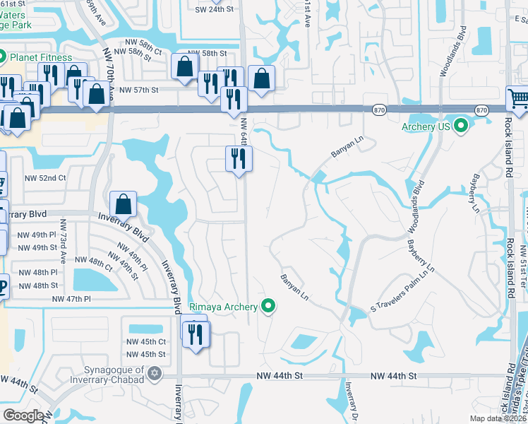 map of restaurants, bars, coffee shops, grocery stores, and more near 5105 White Oak Lane in Tamarac