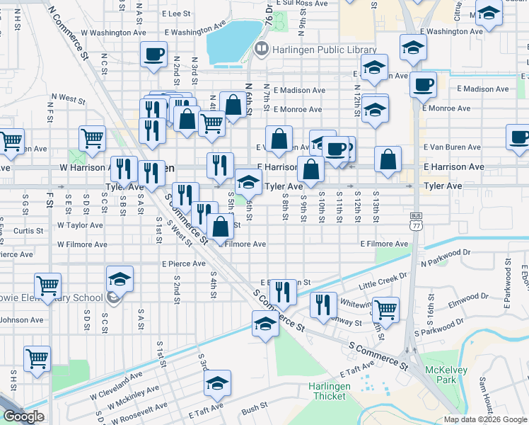 map of restaurants, bars, coffee shops, grocery stores, and more near 501-549 S 7th St in Harlingen