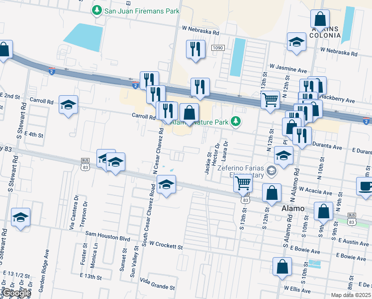 map of restaurants, bars, coffee shops, grocery stores, and more near 2 Village Lane in Alamo