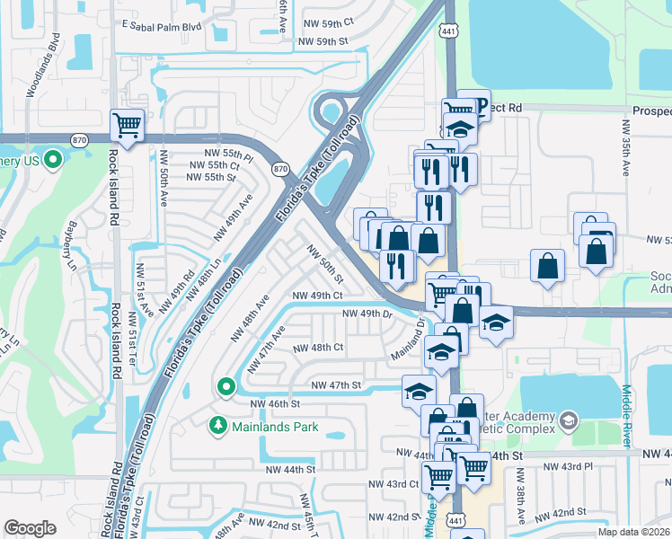 map of restaurants, bars, coffee shops, grocery stores, and more near 4727 Northwest 50th Street in Tamarac