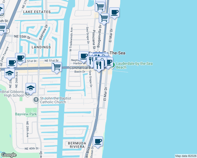 map of restaurants, bars, coffee shops, grocery stores, and more near 4321 North Ocean Drive in Lauderdale-by-the-Sea