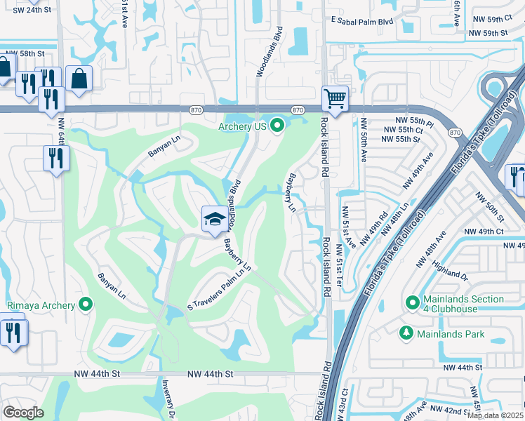map of restaurants, bars, coffee shops, grocery stores, and more near 5105 North Travelers Palm Lane in Tamarac
