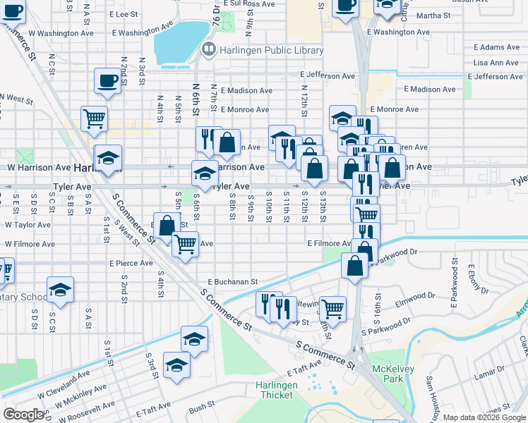 map of restaurants, bars, coffee shops, grocery stores, and more near 918 East Polk Avenue in Harlingen