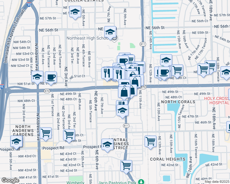 map of restaurants, bars, coffee shops, grocery stores, and more near 850 East Commercial Boulevard in Oakland Park