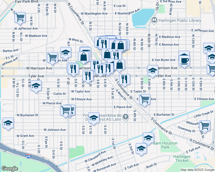 map of restaurants, bars, coffee shops, grocery stores, and more near 117 W Polk St in Harlingen