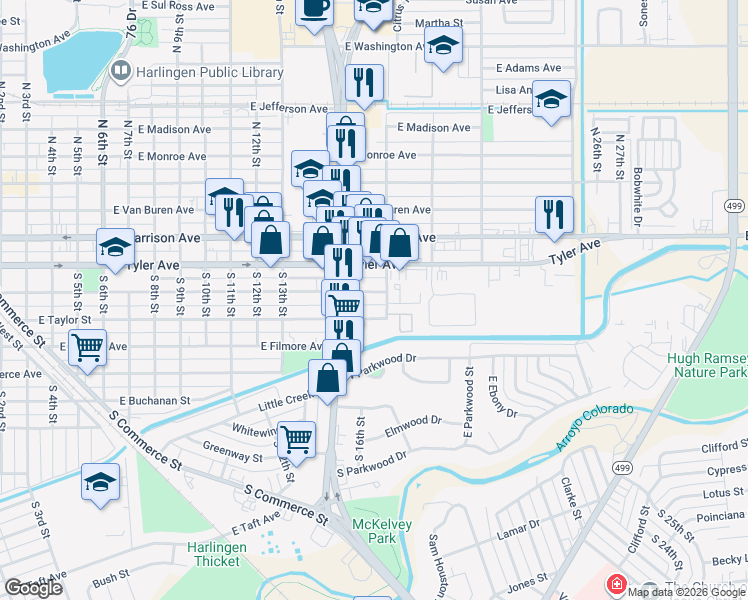 map of restaurants, bars, coffee shops, grocery stores, and more near 1614 East Polk Avenue in Harlingen