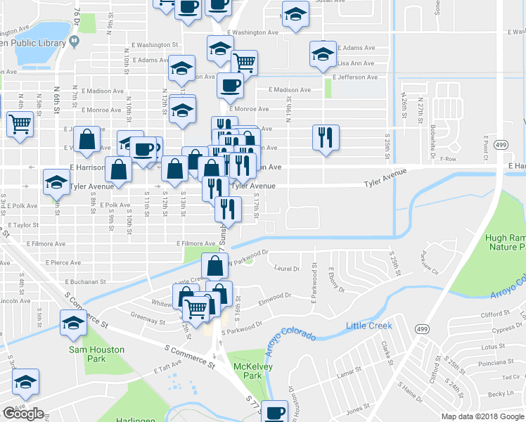 map of restaurants, bars, coffee shops, grocery stores, and more near 502 Rock Circle in Harlingen