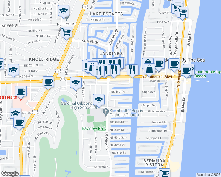map of restaurants, bars, coffee shops, grocery stores, and more near 3024 Northeast 49th Street in Fort Lauderdale