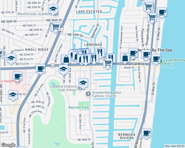 map of restaurants, bars, coffee shops, grocery stores, and more near 4800 Bayview Drive in Fort Lauderdale
