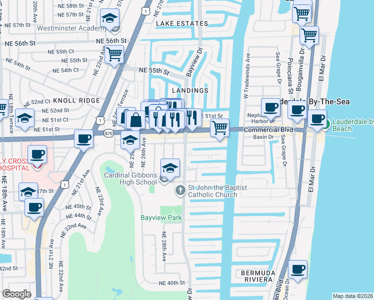 map of restaurants, bars, coffee shops, grocery stores, and more near 4821 Bayview Drive in Fort Lauderdale