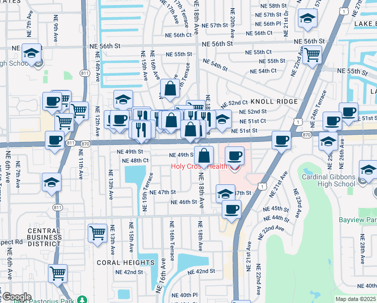 map of restaurants, bars, coffee shops, grocery stores, and more near 1736 East Commercial Boulevard in Oakland Park