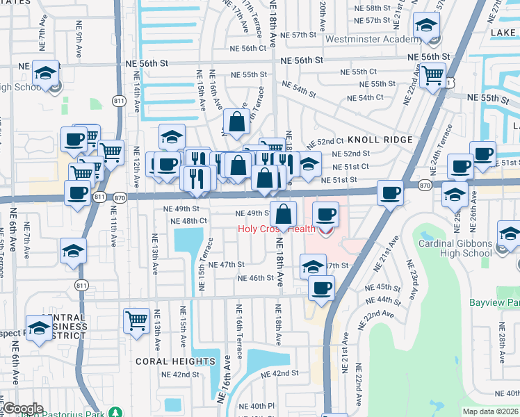 map of restaurants, bars, coffee shops, grocery stores, and more near 1736 East Commercial Boulevard in Oakland Park