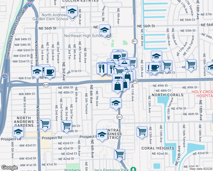 map of restaurants, bars, coffee shops, grocery stores, and more near 850 East Commercial Boulevard in Oakland Park