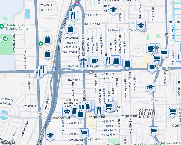 map of restaurants, bars, coffee shops, grocery stores, and more near in Oakland Park