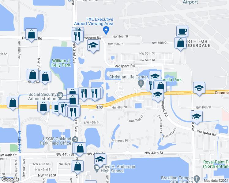 map of restaurants, bars, coffee shops, grocery stores, and more near 2855 West Commercial Boulevard in Fort Lauderdale
