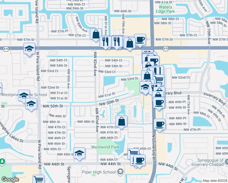 map of restaurants, bars, coffee shops, grocery stores, and more near 8040 Northwest 51st Court in Lauderhill