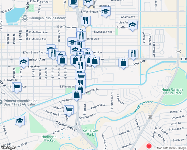 map of restaurants, bars, coffee shops, grocery stores, and more near 501 Rock Circle in Harlingen