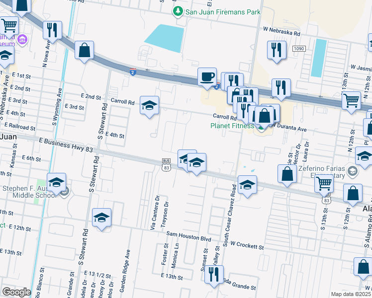 map of restaurants, bars, coffee shops, grocery stores, and more near 601 E Expy 83 in San Juan