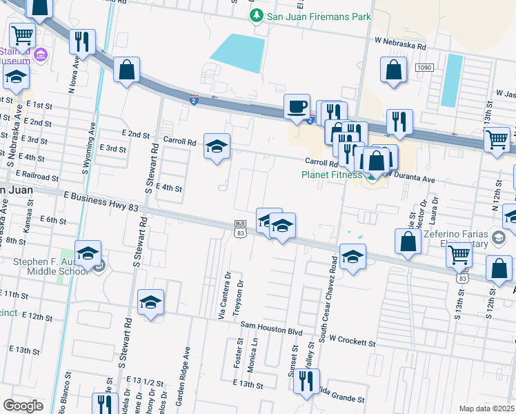 map of restaurants, bars, coffee shops, grocery stores, and more near U.S. 83 Business in San Juan