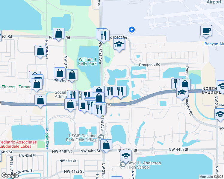 map of restaurants, bars, coffee shops, grocery stores, and more near 5140 Northwest 30th Terrace in Fort Lauderdale