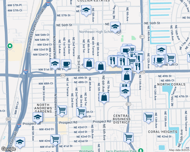 map of restaurants, bars, coffee shops, grocery stores, and more near 501 Northeast 49th Street in Fort Lauderdale