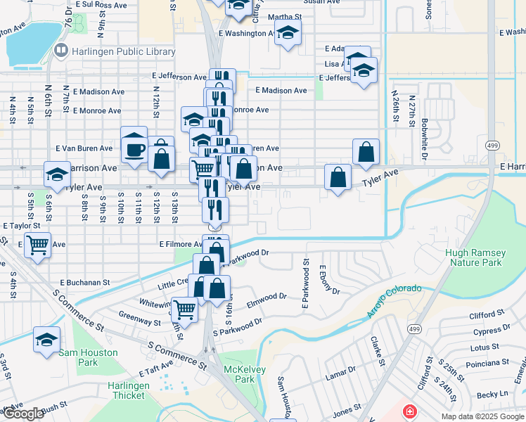 map of restaurants, bars, coffee shops, grocery stores, and more near 503 Rock Circle in Harlingen