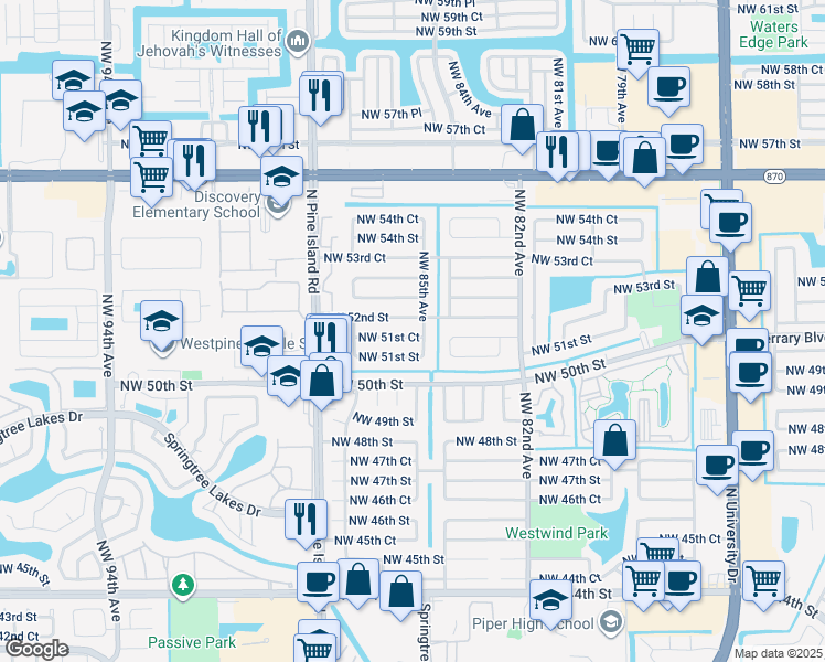 map of restaurants, bars, coffee shops, grocery stores, and more near 8540 Northwest 52nd Street in Lauderhill