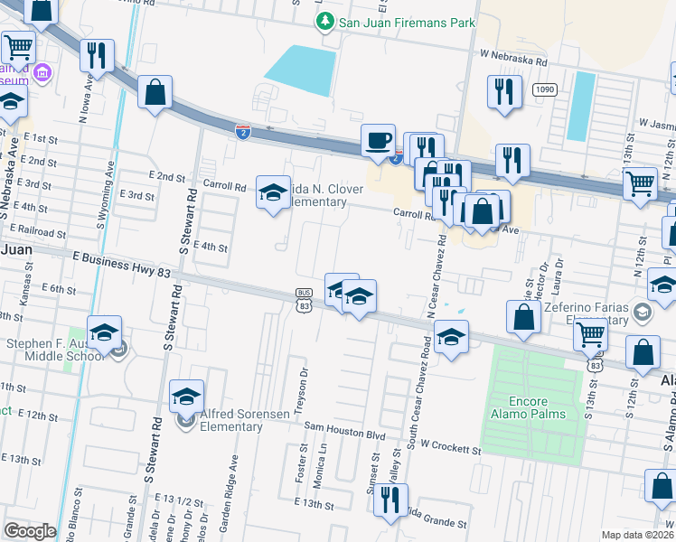 map of restaurants, bars, coffee shops, grocery stores, and more near 601 E Expy 83 in San Juan