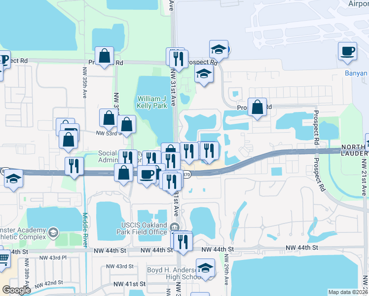 map of restaurants, bars, coffee shops, grocery stores, and more near 5147 Northwest 30th Lane in Fort Lauderdale