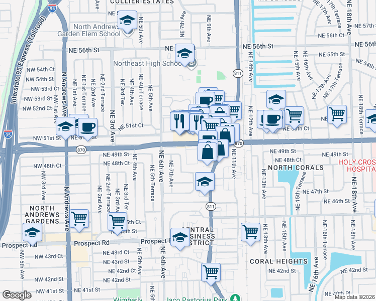 map of restaurants, bars, coffee shops, grocery stores, and more near 850 East Commercial Boulevard in Oakland Park