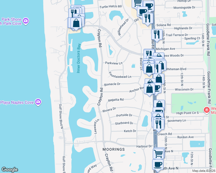 map of restaurants, bars, coffee shops, grocery stores, and more near 612 Binnacle Drive in Naples
