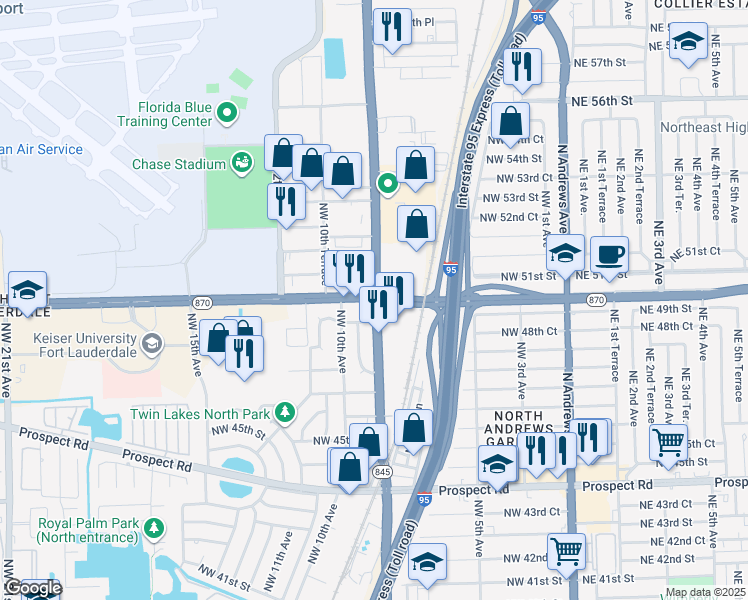 map of restaurants, bars, coffee shops, grocery stores, and more near W Commercial Blvd & Powerline Rd in Fort Lauderdale