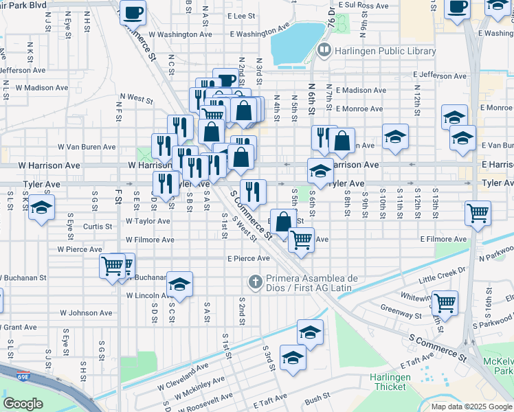 map of restaurants, bars, coffee shops, grocery stores, and more near 222 East Polk Avenue in Harlingen