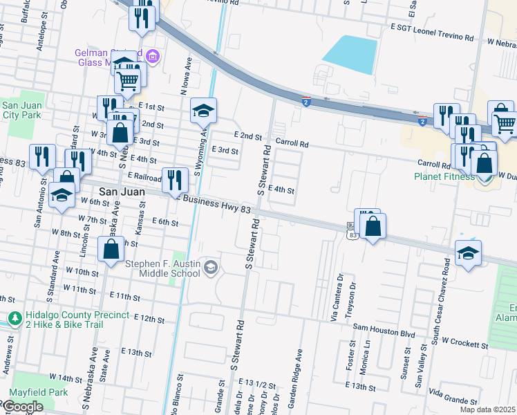 map of restaurants, bars, coffee shops, grocery stores, and more near 1101 East Railroad Street in San Juan