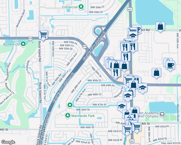 map of restaurants, bars, coffee shops, grocery stores, and more near 4958 Northwest 48th Avenue in Tamarac