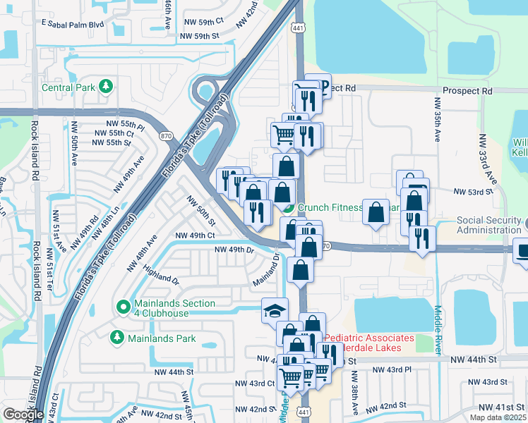 map of restaurants, bars, coffee shops, grocery stores, and more near 4001 West Commercial Boulevard in Tamarac