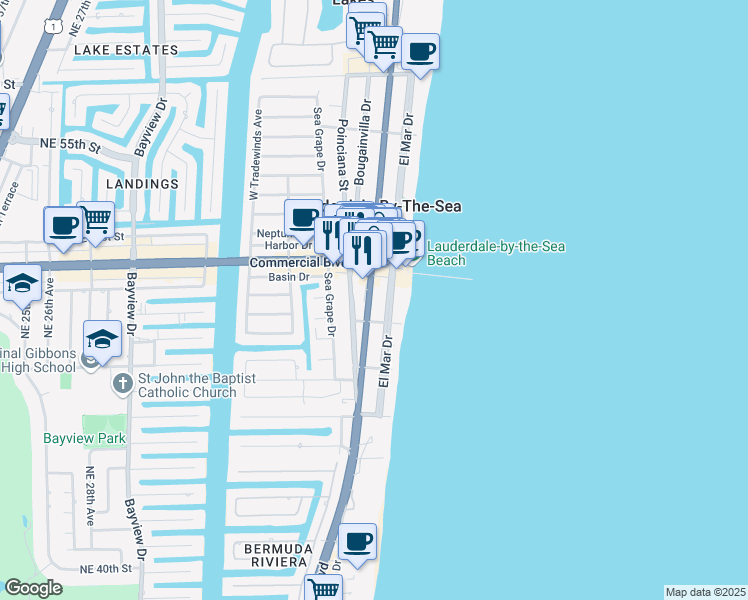 map of restaurants, bars, coffee shops, grocery stores, and more near 4321 North Ocean Drive in Lauderdale-by-the-Sea