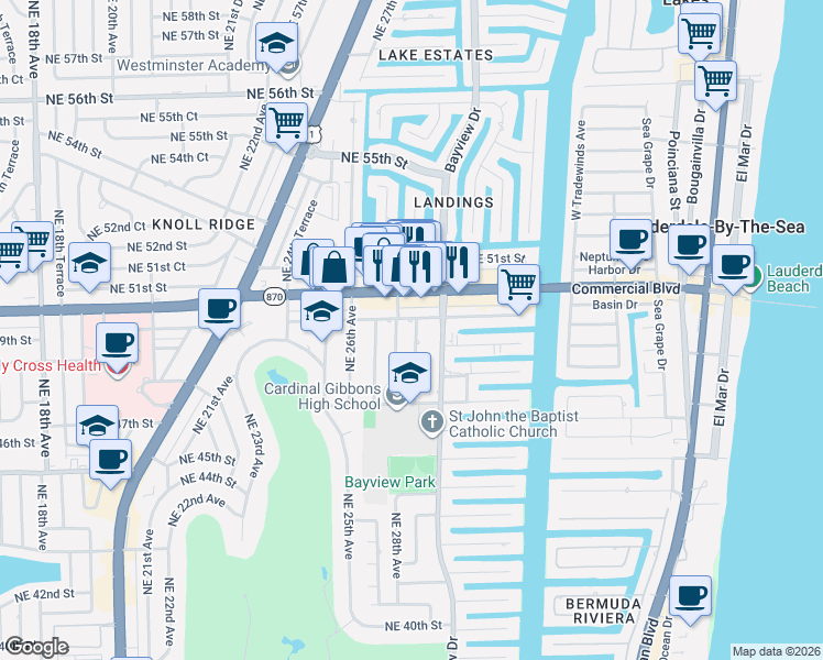 map of restaurants, bars, coffee shops, grocery stores, and more near 4821 Bayview Drive in Fort Lauderdale
