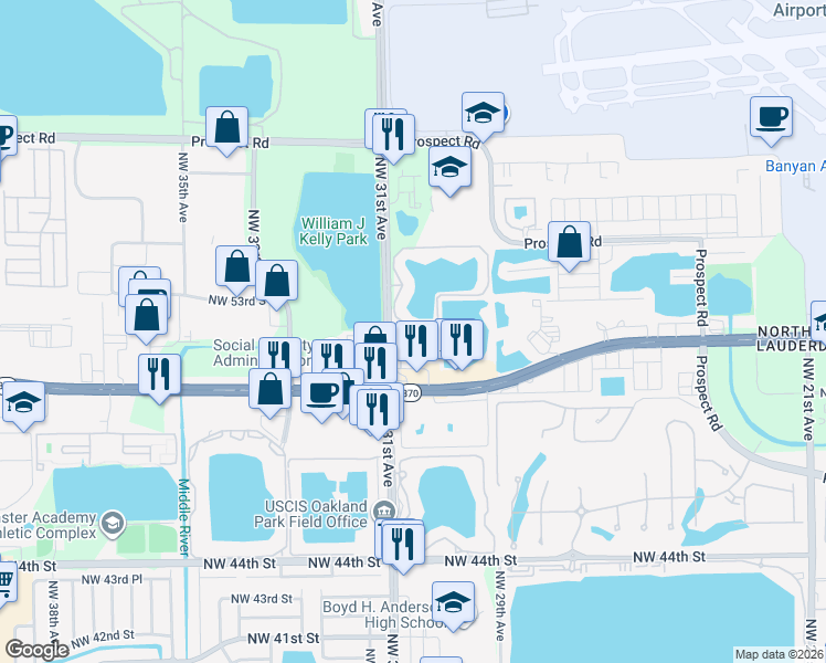 map of restaurants, bars, coffee shops, grocery stores, and more near 5147 Northwest 30th Lane in Fort Lauderdale