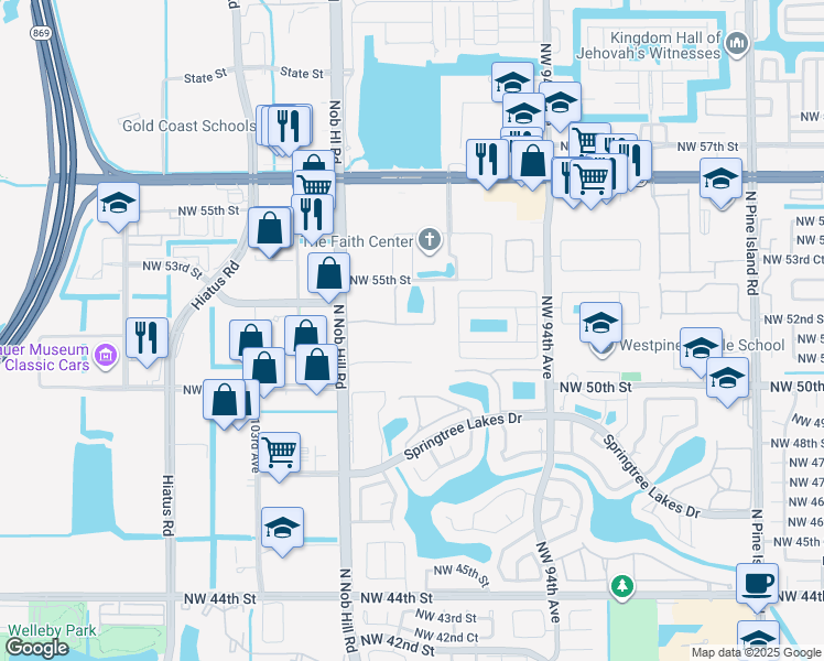 map of restaurants, bars, coffee shops, grocery stores, and more near 9932 Northwest 52nd Street in Sunrise