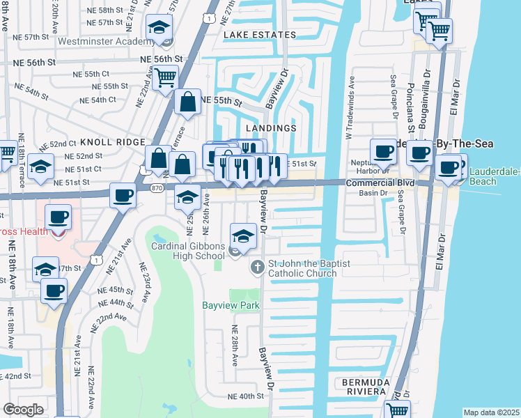 map of restaurants, bars, coffee shops, grocery stores, and more near 4821 Bayview Drive in Fort Lauderdale